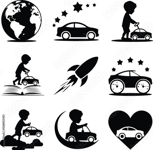 Toddler Playing with Toy Car Icon – Childhood Silhouette Pack Boy with Toy Car Silhouette Set – Cute Kids Playing Vector Icons
