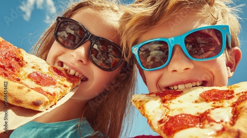 Kids enjoying pizza on a sunny day, their faces beaming with delight as they bite into delicious slices. Sunglasses add a touch of cool to the fun!