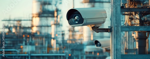 A close-up of a surveillance camera in an industrial setting, showcasing modern security technology. The background features an oil refinery with tall structures.
