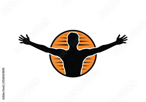 Silhouette man with open arms in front of sun logo design. icon vector in black and darky ellow color on white background.