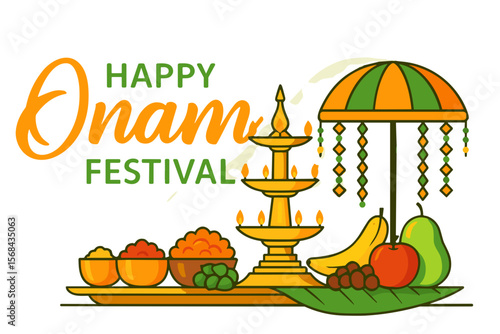 Happy Onam Festival greeting with traditional Kerala lamp, fruits and umbrella – Indian cultural celebration vector