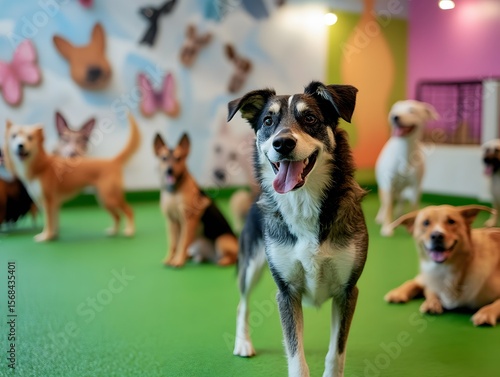 A playful dog with a joyful expression stands out among a group of other dogs, showcasing the lively atmosphere of a dog daycare or pet play area filled with happiness.