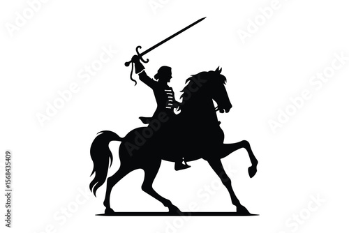 Silhouette of a mounted knight holding a sword aloft, depicted in dynamic posture. The horse is rearing, suggesting motion and energy, while the knight wears a uniform, indicating a military theme. Th
