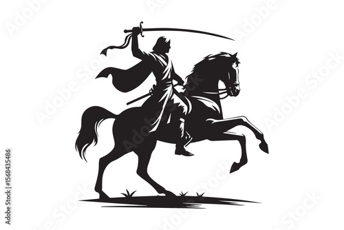 Silhouette of a mounted knight holding a sword aloft, depicted in dynamic posture. The horse is rearing, suggesting motion and energy, while the knight wears a uniform, indicating a military theme. Th