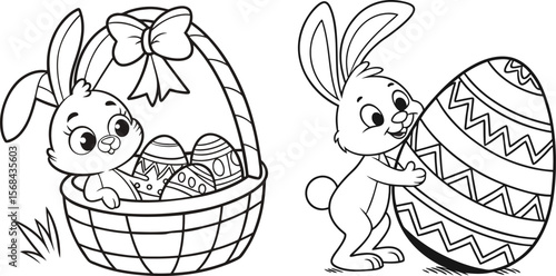 Easter Egg Hunt Themed Coloring Book Pages with a Rabbit and Basket