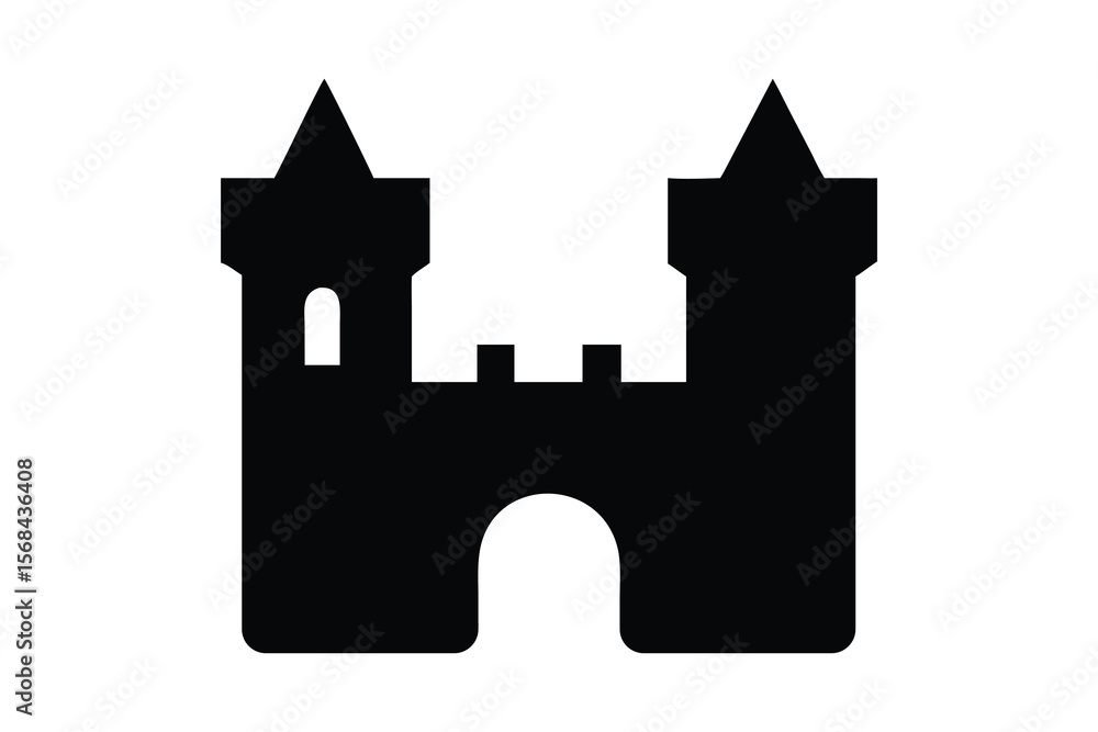 A simple black silhouette of a castle with three turrets, including two tall pointed towers on each side and a shorter central structure. The castle features an arched entrance at the base and a solid A simple black silhouette of a castle with three turrets, including two tall pointed towers on each side and a shorter central structure. The castle features an arched entrance at the base and a solid