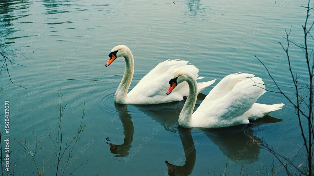 Naklejka premium Two elegant swans gliding gracefully on tranquil lake water