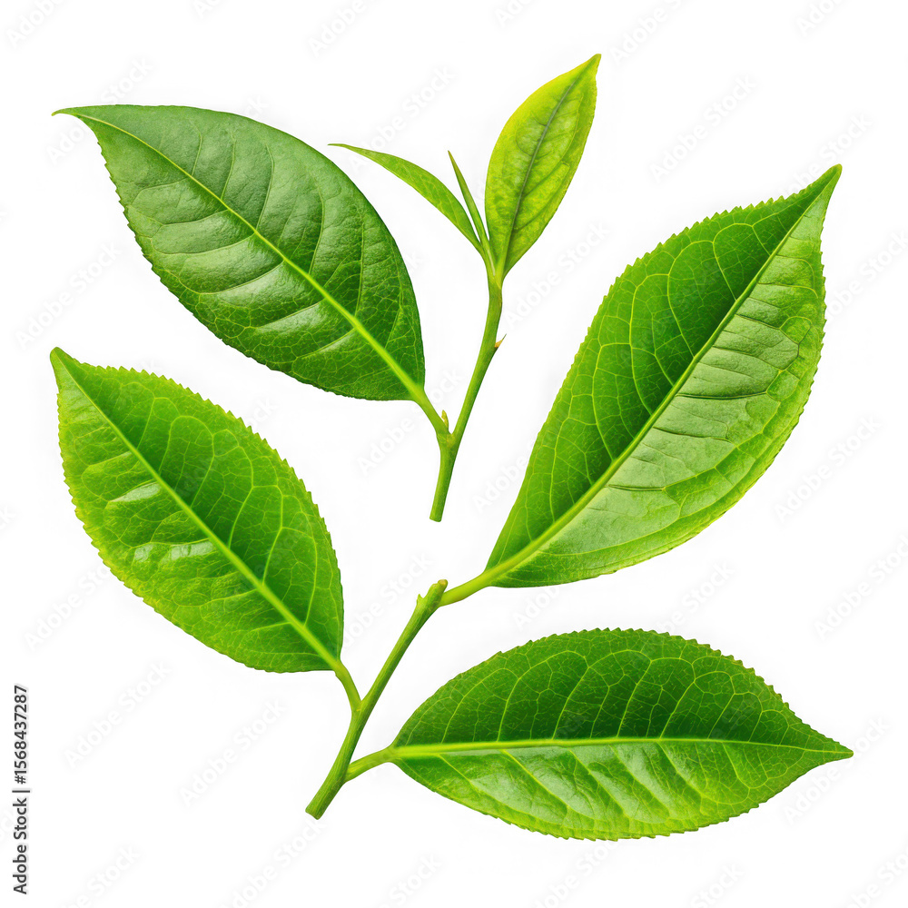 Fototapeta premium Vibrant green tea leaves and buds isolated on a pure black background