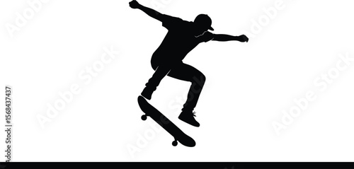 Dynamic Skateboarder Silhouette Leaping, urban street sports, extreme action, youth energy, freedom, thrilling movement, active lifestyle, bold graphic, Adobe Stock.