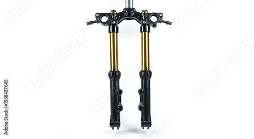 A high-performance inverted motorcycle front fork assembly, isolated on a pristine white background.