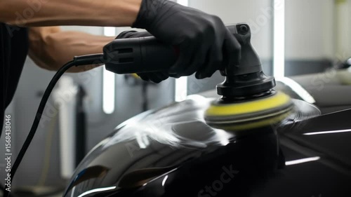 Person polishing a black car with an orbital buffer in a professional auto detailing shop
