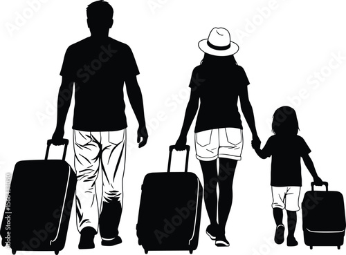 Traveling family silhouettes, parents and child with luggage, holiday adventure, vacation journey, global exploration, tourism, family bonding, unforgettable trip, Adobe Stock.