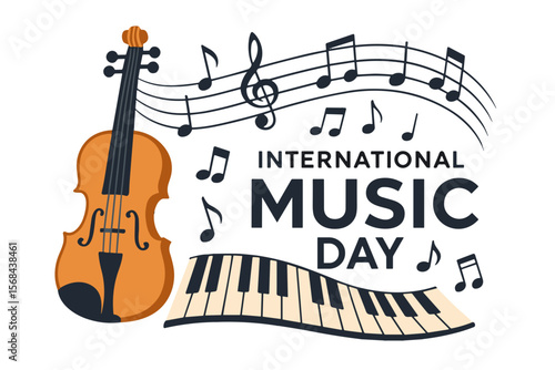 Violin, piano keys, and music notes with text International Music Day, flat vector illustration in black and orange tones, concept for global celebration of music