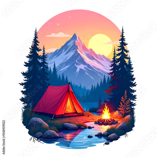 Tranquil Sunrise Campfire and Tent Illustration