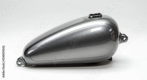 A sleek, custom motorcycle gas tank with a metallic silver-gray finish, captured in a professional studio shot and isolated on a seamless white background