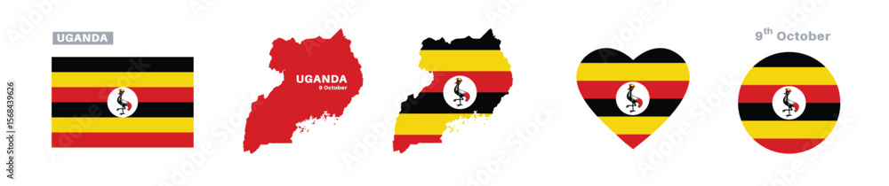 Obraz premium uganda flag and map set. uganda flag in official colors and proportions. independence day 9 october , map, circle and heart shaped uganda 