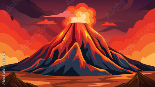 Vector Illustration Erupting Volcano with Lava Flowing Against a Fiery Sky Background