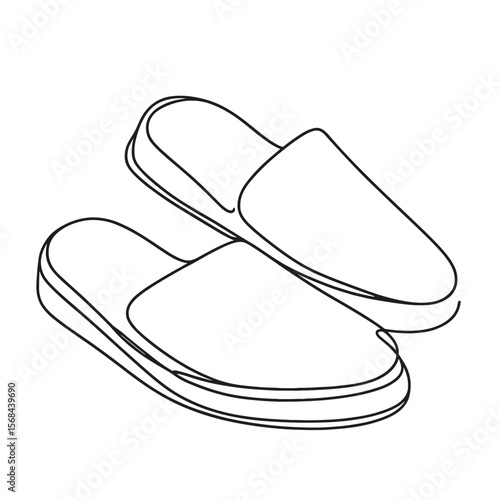 Minimalist line drawing of a pair of home slippers in black on white, cozy lifestyle concept