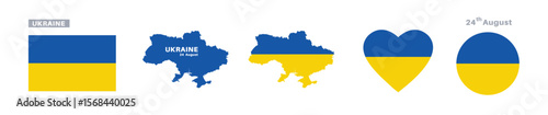 ukraine flag and map set. ukraine flag in official colors and proportions. independence day 24 august, map, circle and heart shaped ukraine 