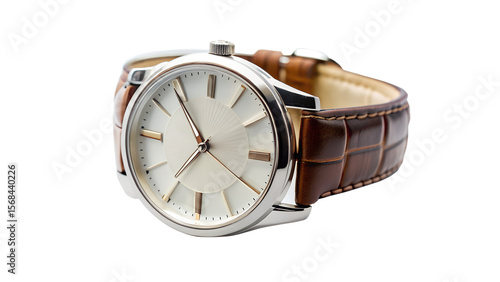 A classic mens watch with leather strap isolated on transparent background