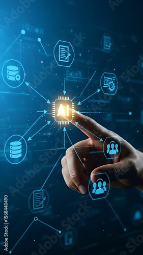 AI Connection: Man touches an AI chip activating networks and connecting to cloud data, team, and digital information systems.