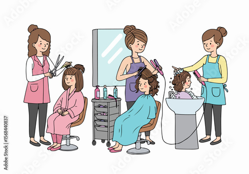 Cartoon Illustration of Women Getting Their Hair Done at a Beauty Salon