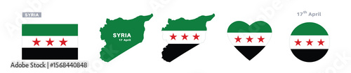 syria flag and map set. syria flag in official colors and proportions. independence day 27 april , map, circle and heart shaped syria 