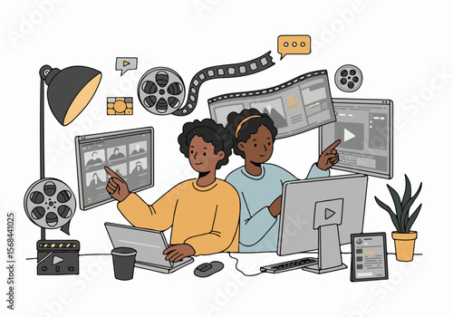 Flat illustration of young creative professionals collaborating on video editing and filmmaking projects using digital technology and media tools.