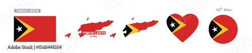 timor leste flag and map set. timor leste flag in official colors and proportions. independence day 20 may , map, circle and heart shaped timor leste