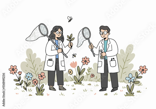 Scientists or Entomologists Collecting Insects and Studying Plants Outdoors with Nets