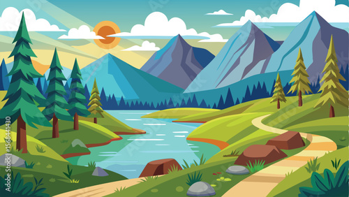 Cartoon Mountain Landscape with Trees, Winding Path, Lake, and Sun Illustration