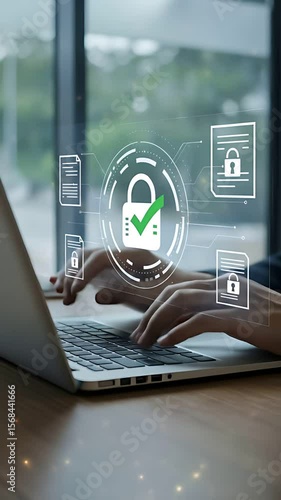 Data Security Secured: Hands type on a laptop showcasing digital protection, ensuring information integrity with enhanced encryption