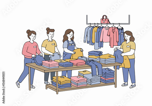Retail workers folding and organizing clothes in a store.