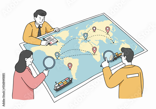 Business Team Analyzing Global Logistics and Shipping Routes on a World Map Illustration