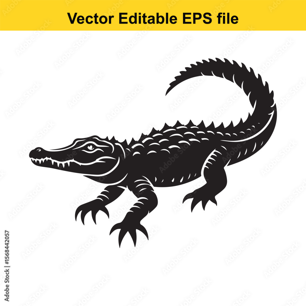 Naklejka premium A Detailed Silhouette of a Powerful Alligator Representing Strength and Resilience Standing Isolated on a White Background for Logos and Prints