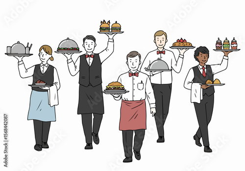 Illustration of a diverse group of waiters and waitresses serving food and drinks on trays, depicting restaurant and hospitality service.