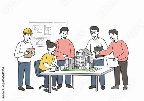 Team of architects and designers collaborating on a new building project with a model and blueprints in an office.