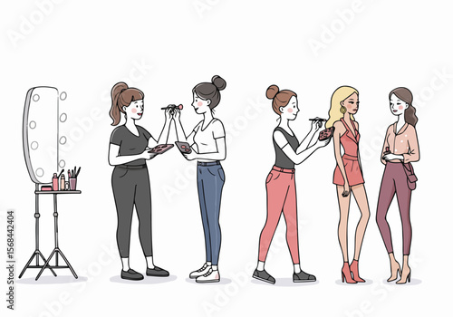 Makeup artists applying cosmetics to models in a beauty or backstage setting, illustrating beauty preparation and teamwork in the fashion industry.