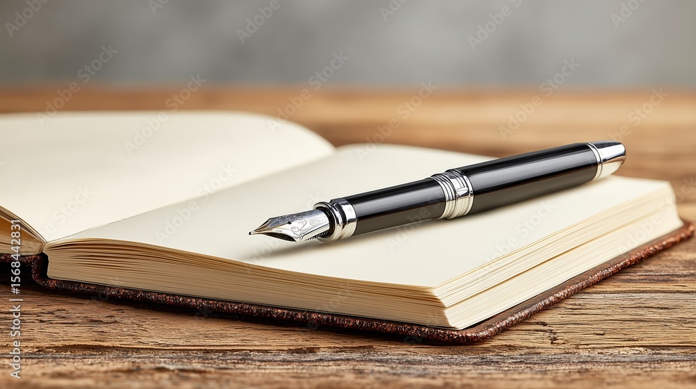Open notebook with a fountain pen on a wooden surface. Open notebook with a fountain pen on a wooden surface.