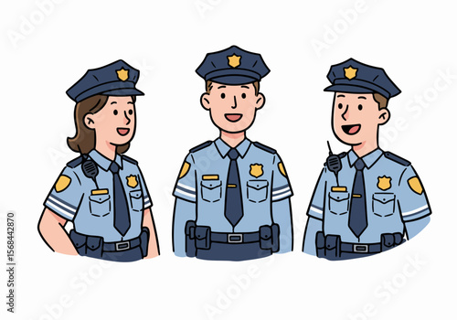 Diverse group of happy cartoon police officers, a male and a female, smiling in uniform with badges against a white background.