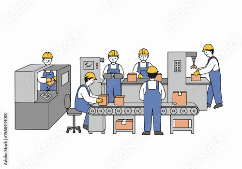 Illustration of workers on a manufacturing production line with machinery and conveyor belt packaging boxes in a factory setting.