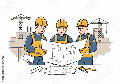 Illustration of Construction Workers Reviewing Blueprints and Discussing Building Plans on Site