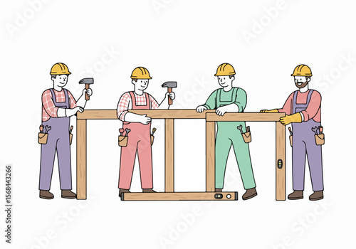 Four construction workers in hard hats and overalls collaborating to build a wooden frame using hammers and tools, teamwork on a building project.