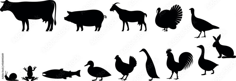 Fototapeta premium Farm animals silhouette. Isolated farm animals on white background