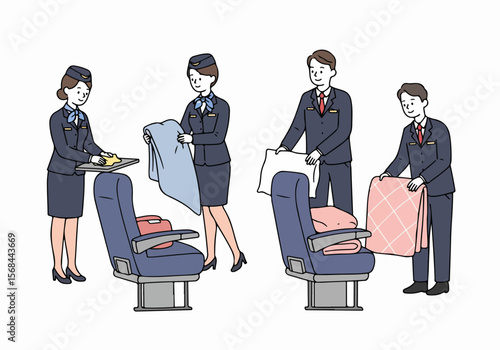 Airline cabin crew preparing passenger seats with blankets and pillows, offering service amenities in airplane cabin illustration.