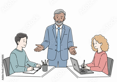 Illustration of a senior business mentor leading a meeting with two young employees, discussing ideas and taking notes on a laptop and notebook.