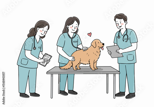 Veterinary team performs a health examination on a happy golden retriever.