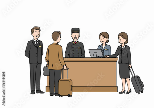 Guests arrive at a hotel reception desk staffed by friendly and helpful hotel employees, ready for check-in or assistance.