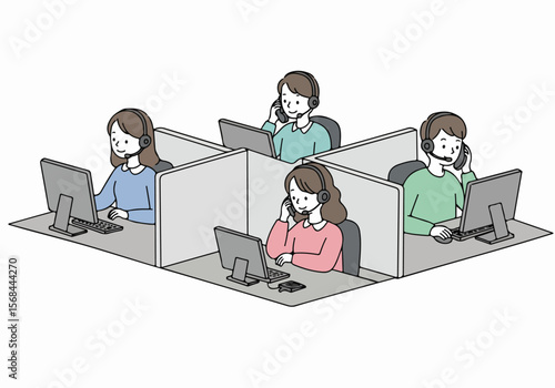 Illustration of four customer service agents working in call center cubicles with computers and headsets, providing support and assistance.