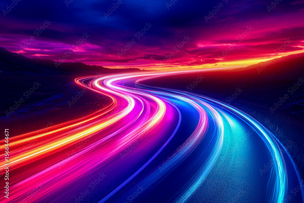 Vibrant neon light trails on a winding road at sunset Vibrant neon light trails on a winding road at sunset